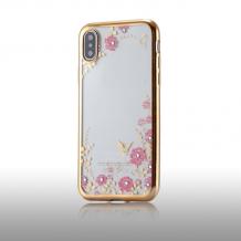 Луксозен силиконов калъф / гръб / TPU с камъни за Huawei P20 Pro - прозрачен / розови цветя / Gold кант