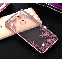 Луксозен силиконов калъф / гръб / TPU с камъни за Huawei Nova Smart - прозрачен / розови цветя / Rose Gold кант