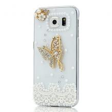 Луксозен твърд гръб с камъни 3D Luxury Diamond Bling Rhinestone за Samsung Galaxy S6 Edge G925 - прозрачен / Clear Butterfly 