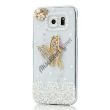 Луксозен твърд гръб с камъни 3D Luxury Diamond Bling Rhinestone за Samsung Galaxy S6 G920 - прозрачен / Clear Butterfly
