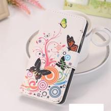 Кожен калъф Flip тефтер със стойка за Samsung Galaxy A5 2016 A510 - бял / цветя и пеперуди