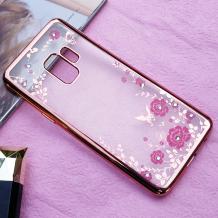 Луксозен силиконов калъф / гръб / TPU с камъни за Samsung Galaxy S9 Plus G965 - прозрачен / розови цветя / Rose Gold кант