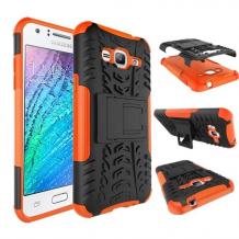 Силиконов гръб TPU Hybrid с твърда част и стойка за Samsung Galaxy J3 / J3 2016 J320 - черен с оранжево