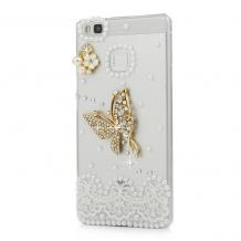 Луксозен твърд гръб с камъни за Huawei P9 Lite - прозрачен / пеперуда