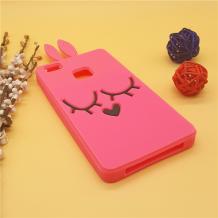 Силиконов калъф / гръб / TPU 3D за Huawei P9 Lite - розов / Face / заешки ушички