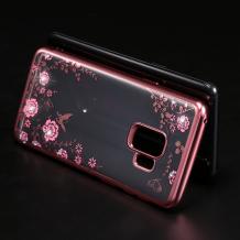 Луксозен силиконов калъф / гръб / TPU с камъни за Samsung Galaxy S9 Plus G965 - прозрачен / розови цветя / Rose Gold кант
