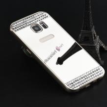 Луксозен алуминиев бъмпер с твърд гръб и камъни за Samsung Galaxy A5 2016 A510 - сребрист / огледален