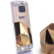 Луксозен силиконов калъф / гръб / TPU с камъни за Samsung Galaxy S6 Edge G925 - златист / огледален