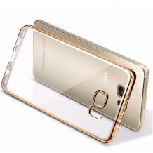 Луксозен силиконов гръб TPU за Samsung Galaxy S6 Edge G925 - прозрачен / златист