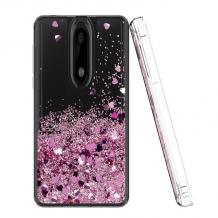 Луксозен твърд гръб 3D Water Case за Xiaomi Mi 9T - прозрачен / течен гръб с розов брокат