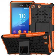 Силиконов гръб TPU Hybrid с твърда част и стойка за Sony Xperia M5 - черен с оранжево
