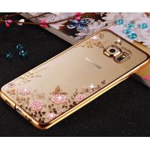 TPU с камъни за Samsung Galaxy Note 5 N920 / Galaxy Note 5 - розови цветя / златист кант
