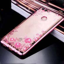 Луксозен силиконов калъф / гръб / TPU с камъни за Huawei P Smart - прозрачен / розови цветя / Rose Gold кант