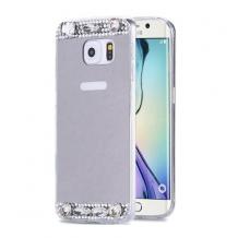 Луксозен силиконов калъф / гръб / TPU с камъни за Samsung Galaxy S6 Edge G925 - сребрист / огледален