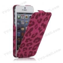 Кожен калъф Flip за Apple iPhone 5 - розов леопард