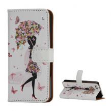 Кожен калъф Flip тефтер със стойка за Apple iPhone 5 - жена с пеперуди