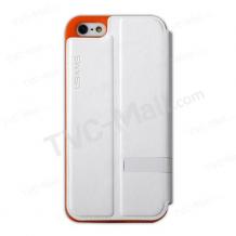 Луксозен кожен калъф Flip тефтер S-View Usams със стойка за Apple iPhone 5 / iPhone 5S – бял с оранжев силиконов гръб