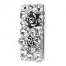 Луксозен твърд гръб / капак / 3D с камъни за Apple iPhone 5 / iPhone 5S - прозрачен / черни цветя / Camellia