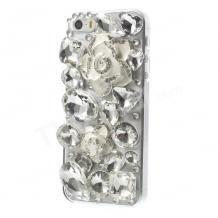 Луксозен твърд гръб / капак / 3D с камъни за Apple iPhone 5 / iPhone 5S - прозрачен / бели цветя / Camellia