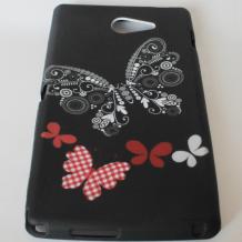 Силиконов калъф / гръб / TPU за Sony Xperia M2 – черен с пеперуди