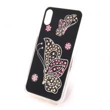 Луксозен силиконов калъф / гръб / с камъни за Apple iPhone X / iPhone XS - черен / Butterflies