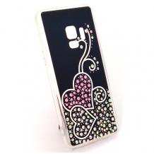 Луксозен силиконов калъф / гръб / с камъни за Samsung Galaxy S9 G960 - черен / Hearts