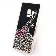 Луксозен силиконов калъф / гръб / с камъни за Samsung Galaxy S9 G960 - черен / Hearts
