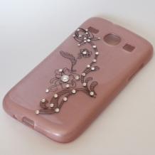 Луксозен силиконов калъф / гръб / TPU с камъни за Samsung Galaxy Core I8260 / Samsung Galaxy Core Duos I8262 - розов с черно цвете