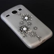 Луксозен силиконов калъф / гръб / TPU с камъни за Samsung Galaxy Core I8260 / Samsung Galaxy Core Duos I8262 - бял с черни цветя