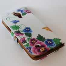 Кожен калъф Flip тефтер с камъни и стойка за Samsung Galaxy S4 Mini I9190 / I9192 / I9195 - пъстри цветя