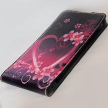 Кожен калъф Flip тефтер за Samsung Galaxy Note 3 N9000 / Note III N9005 - цикламен с цветя и сърце