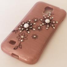 Луксозен силиконов калъф / гръб / TPU с камъни за Samsung Galaxy S4 Mini I9190 / I9192 / I9195 - розов / черни цветя