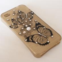 Луксозен силиконов калъф / гръб / TPU с камъни за Apple iPhone 4 / iPhone 4S - златист / черни пеперуди