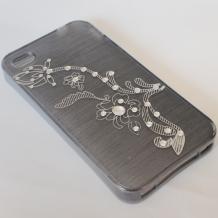 Луксозен силиконов калъф / гръб / TPU с камъни за Apple iPhone 4 / iPhone 4S - черен / бели цветя