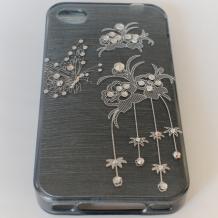 Луксозен силиконов калъф / гръб / TPU с камъни за Apple iPhone 4 / iPhone 4S - черен / бели цветя и пеперуди