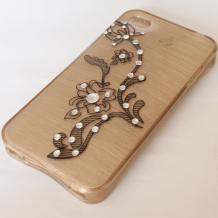 Луксозен силиконов калъф / гръб / TPU с камъни за Apple iPhone 4 / iPhone 4S - златист / черно цвете
