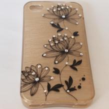 Луксозен силиконов калъф / гръб / TPU с камъни за Apple iPhone 4 / iPhone 4S - златист / черни цветя
