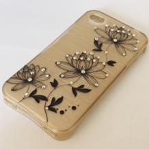 Луксозен силиконов калъф / гръб / TPU с камъни за Apple iPhone 4 / iPhone 4S - златист / черни цветя