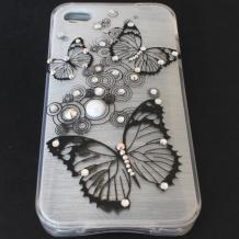 Луксозен силиконов калъф / гръб / TPU с камъни за Apple iPhone 4 / iPhone 4S - бял / черни пеперуди