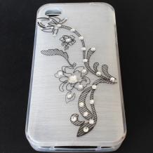 Луксозен силиконов калъф / гръб / TPU с камъни за Apple iPhone 4 / iPhone 4S - бял / черно цвете