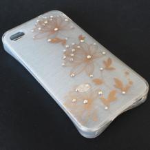 Луксозен силиконов калъф / гръб / TPU с камъни за Apple iPhone 4 / iPhone 4S - бял / оранжеви цветя