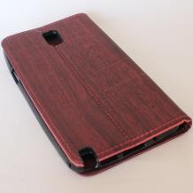 Кожен калъф Flip тефтер със стойка за Samsung Galaxy Note 3 N9000 / Samsung Note III N9005 - червен / дърво