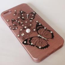 Луксозен силиконов калъф / гръб / TPU с камъни за Apple iPhone 4 / iPhone 4S - розов / черни пеперуди