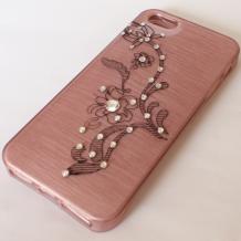 Луксозен силиконов калъф / гръб / TPU с камъни за Apple iPhone 4 / iPhone 4S - розов / черни цветя