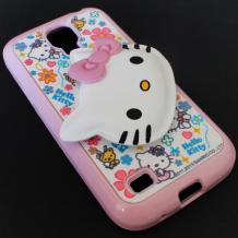 Силиконов калъф / гръб / TPU за Samsung Galaxy S4 Mini I9190 / I9192 / I9195 - бял с розово / Hello Kitty 3D