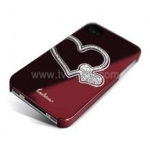 Заден предпазен капак за iPhone 4/ 4S - Swarovski Diamond Heart - винено червен