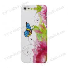 Заден предпазен твърд гръб за Apple iPhone 5 - бял с цветя и пеперуда