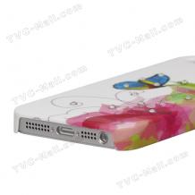 Заден предпазен твърд гръб за Apple iPhone 5 - бял с цветя и пеперуда
