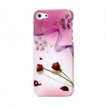 Заден предпазен твърд гръб за Apple iPhone 5 - розов с рози и камъни