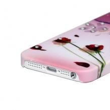 Заден предпазен твърд гръб за Apple iPhone 5 - розов с рози и камъни
